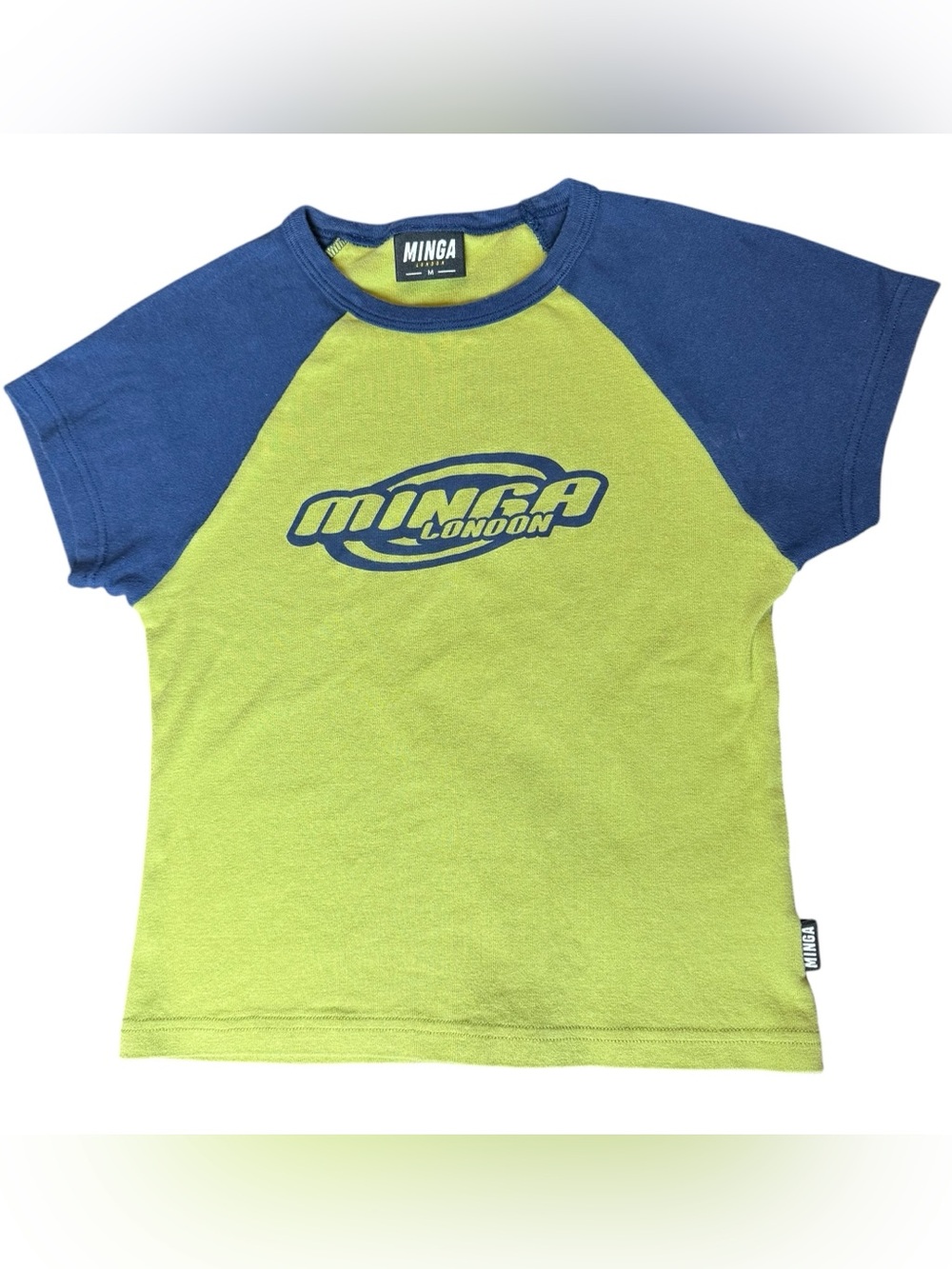 Minga London Baby Tee Green Blue Raglan Cropped Y2K Style Graphic Logo Size M
